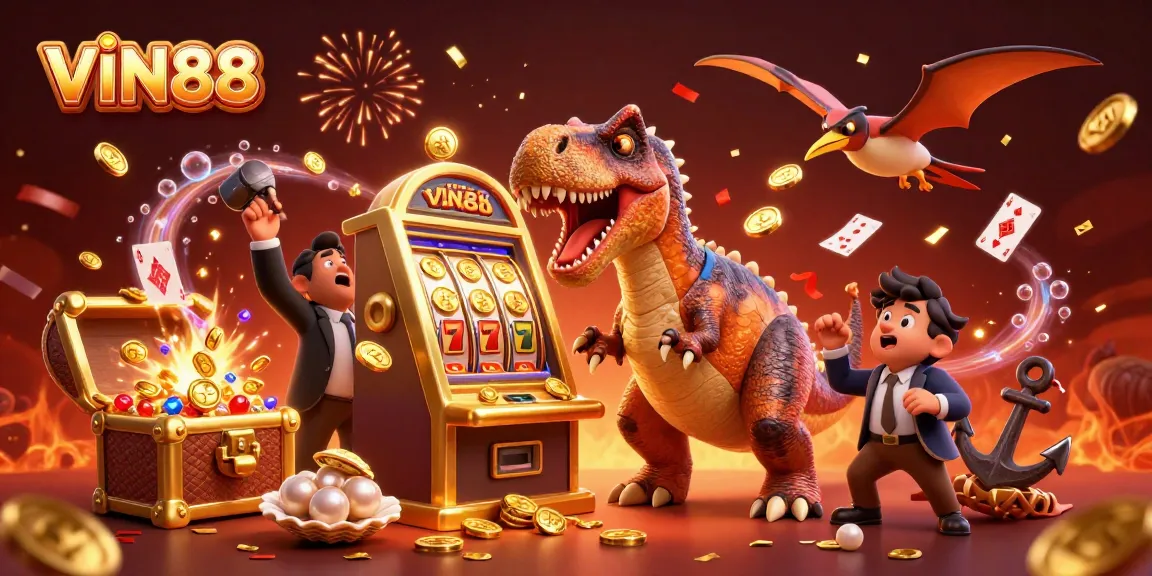 Experience thrilling wins with VIN88 as a dinosaur headbutts a jackpot slot machine for coins.