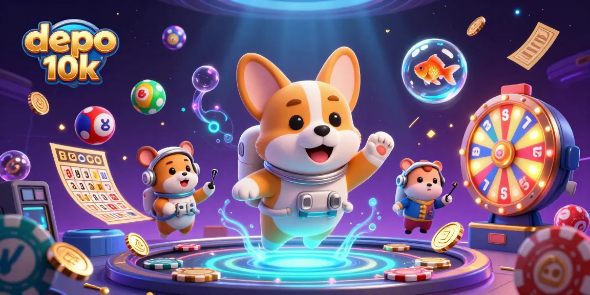 Experience exciting gameplay with depo 10k in a vibrant casino atmosphere full of floating coins and jackpots.