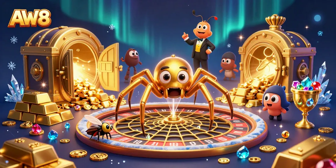 AW8 gaming illustration with a golden spider and centipede in a rich casino scene.