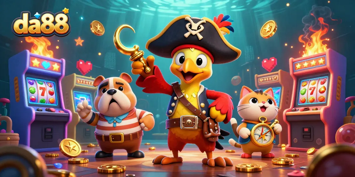 Join the pirate adventure with da88 as the captain, bulldog first mate, and ship's cat navigate a colorful casino scene!