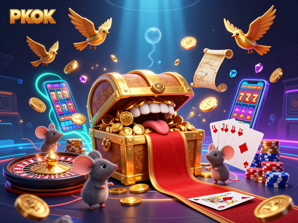 Engage with PKOK's vibrant gaming scene featuring dynamic slot machines and treasure elements.