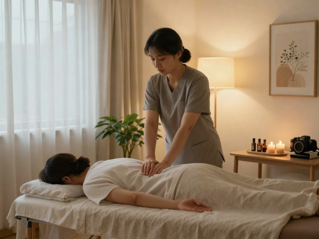 Relaxing 강북출장마사지 scene with a female therapist in a cozy and tranquil home setting, featuring calming decor and soft lighting.