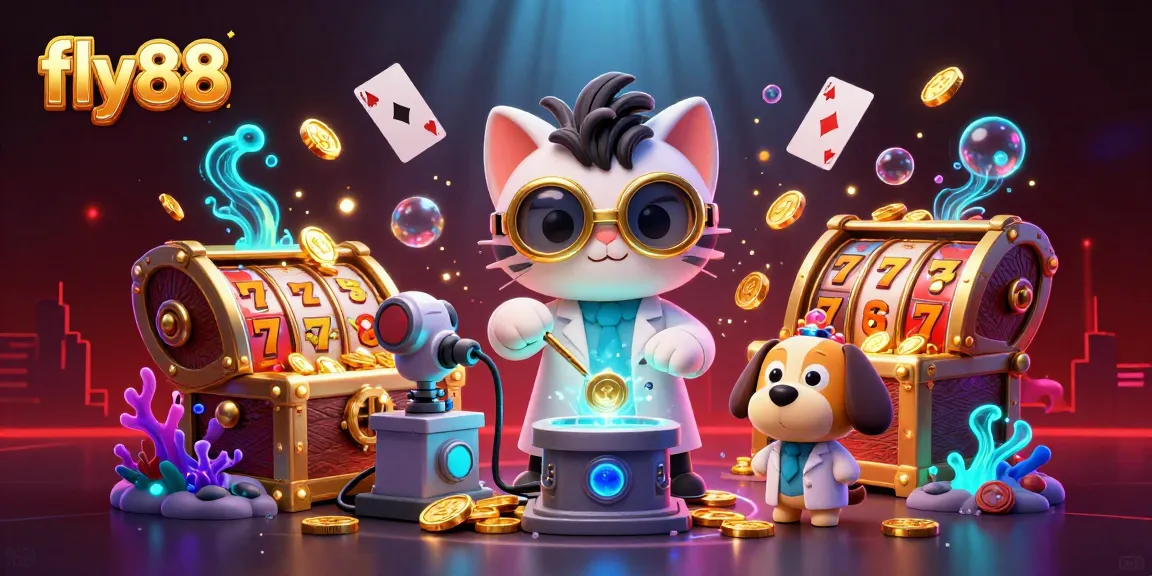 Experience the excitement of fly88 with a cartoon scientist and dog creating a slot machine in an underwater casino world.