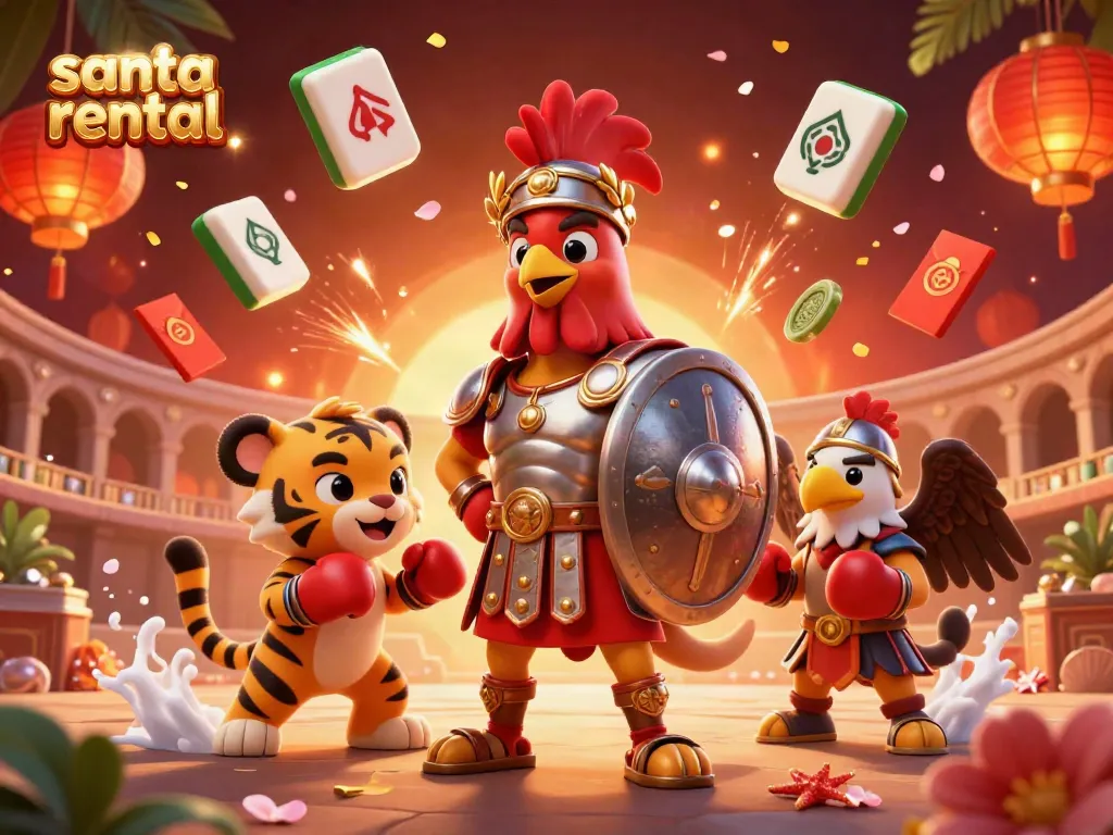 Engage your holiday spirit with a vibrant Santa rental scene filled with festive elements and gambling energy.