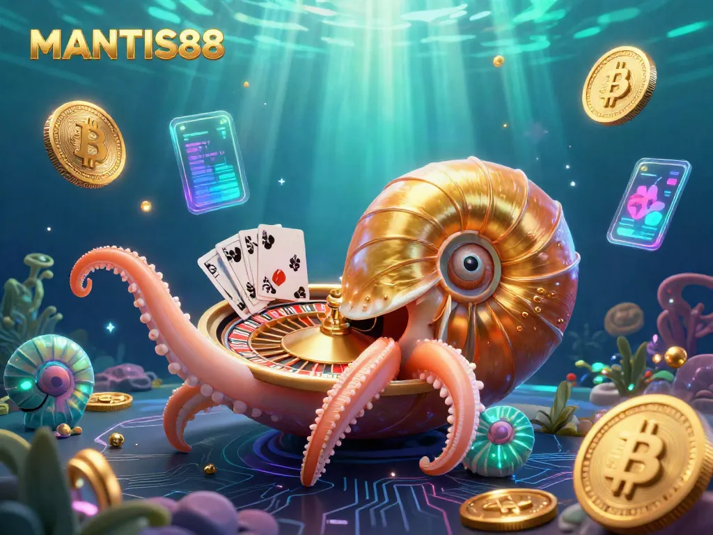 Experience thrilling rewards with MANTIS88 through vibrant 3D casino illustration showcasing exciting gameplay elements.