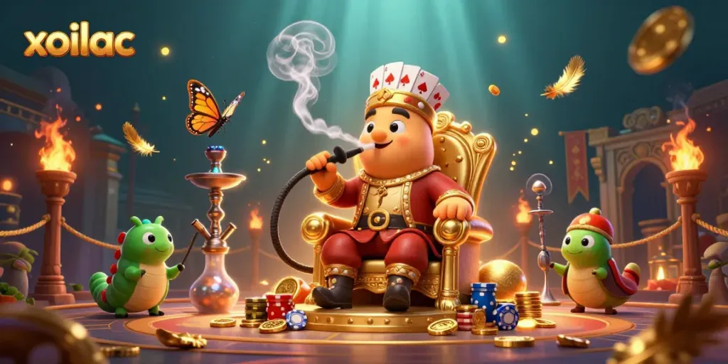 Xoilac's energetic scene featuring a whimsical caterpillar master on a throne, surrounded by vibrant casino elements.