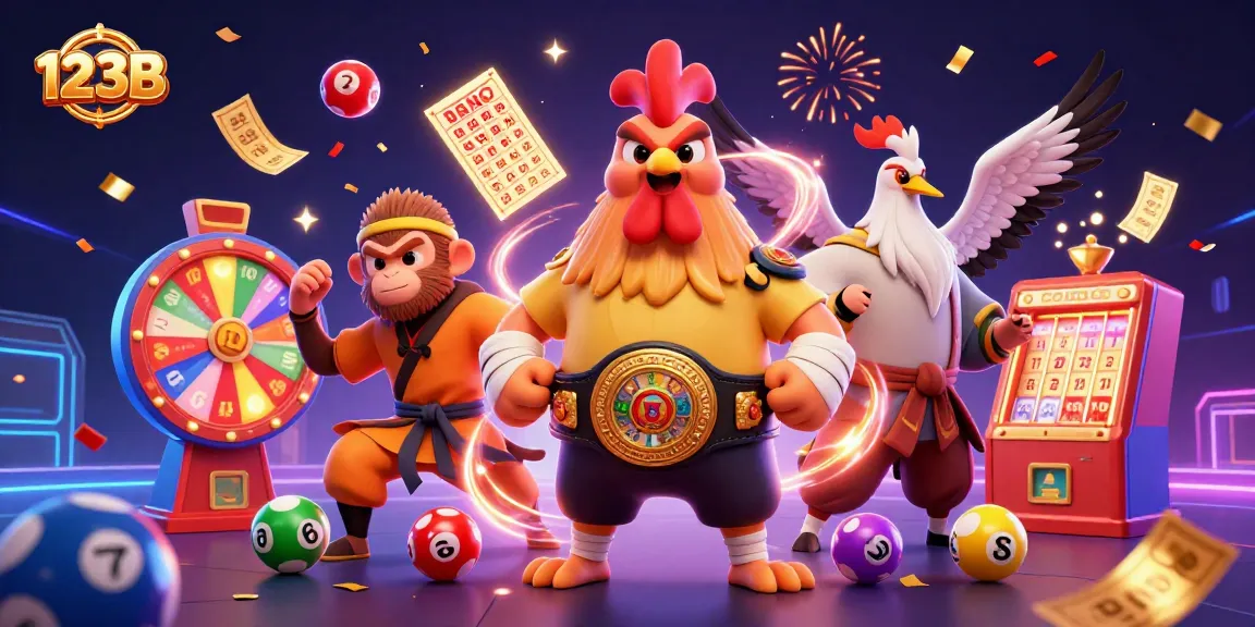Experience thrilling games with 123B, featuring exciting roosters, lottery balls, and vibrant casino elements.