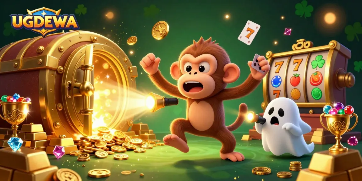 Win big with UGDEWA as gold coins and slots spin amidst a haunted casino scene full of excitement.