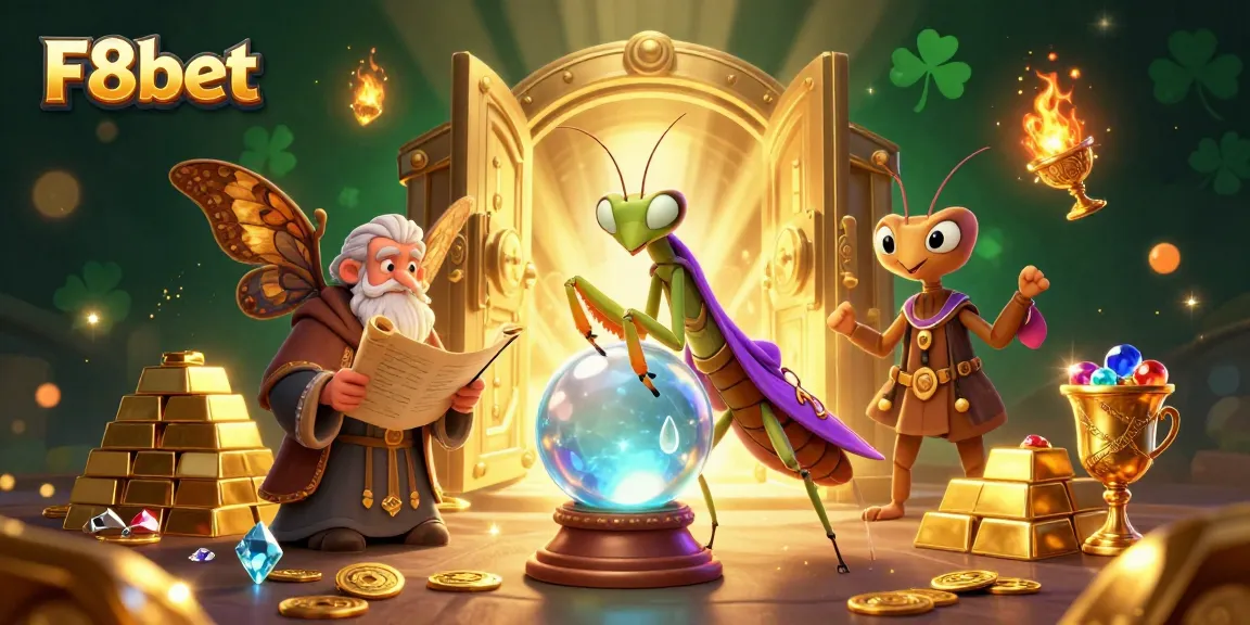 Experience the thrill of F8bet's magical realm with vibrant characters in an enchanting casino scene.