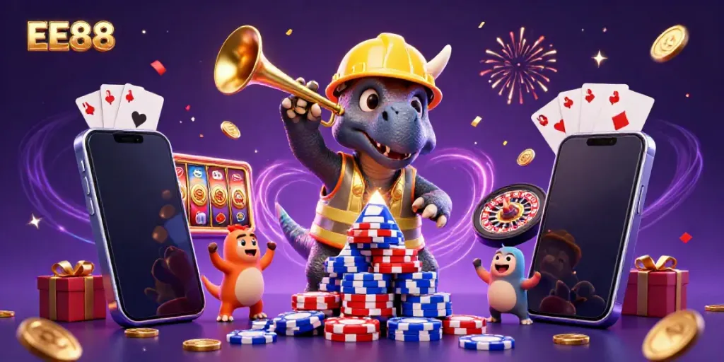 Celebrate gaming victory with EE88 as cartoon dinosaurs build a poker chip pyramid amidst a vibrant casino scene.