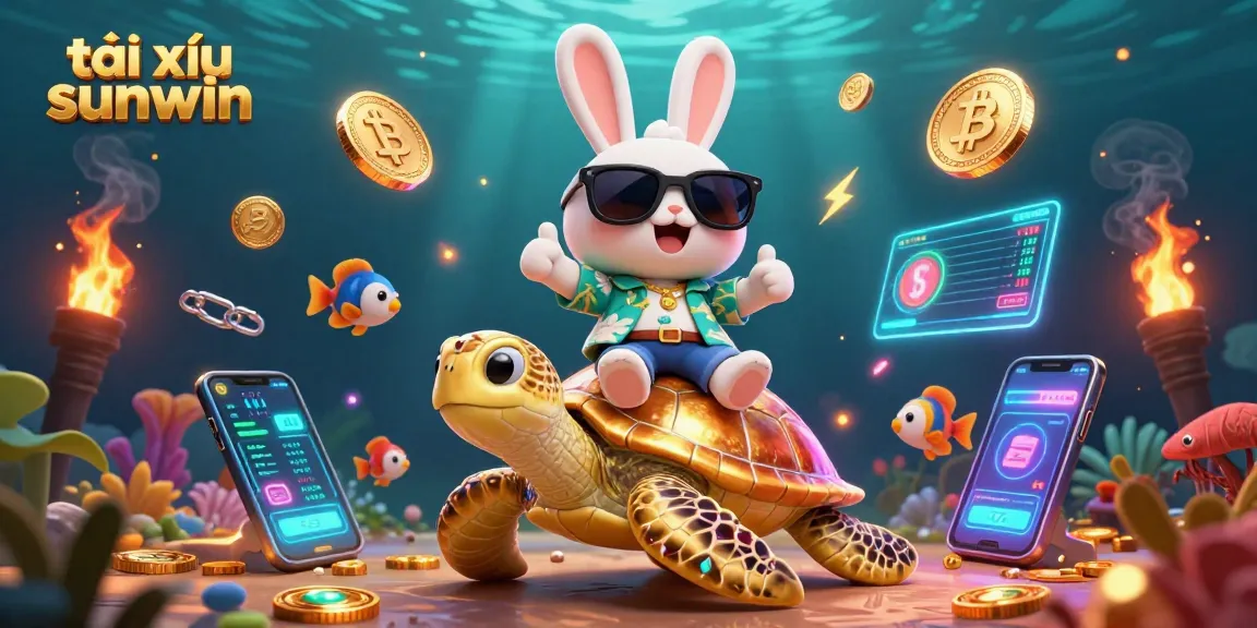 Tài xỉu Sunwin: 3D illustration of a lucky rabbit on a golden turtle with crypto elements
