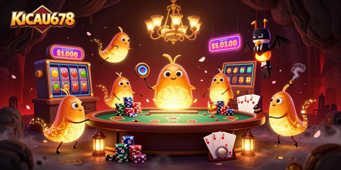 KICAU678 team of glowworms lighting a vibrant cave casino filled with slots and poker tables.