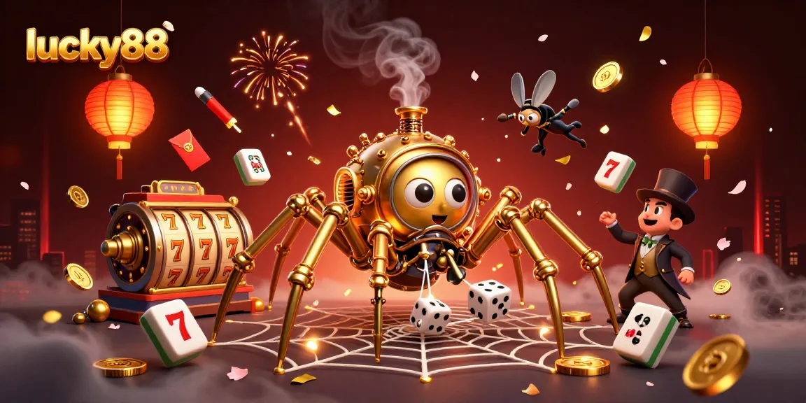 Engage with the exciting world of lucky88 featuring steampunk elements, spinning slot reels, and festive decorations.