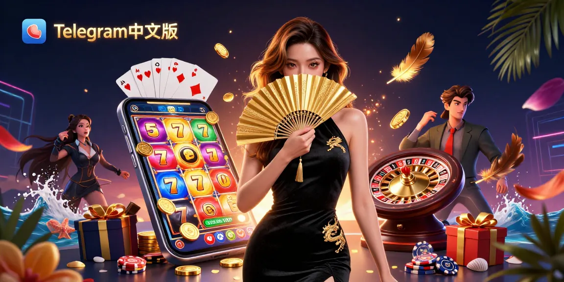 与Telegram中文版互动，金色硬币和多彩老虎机在动态赌场环境中旋转。