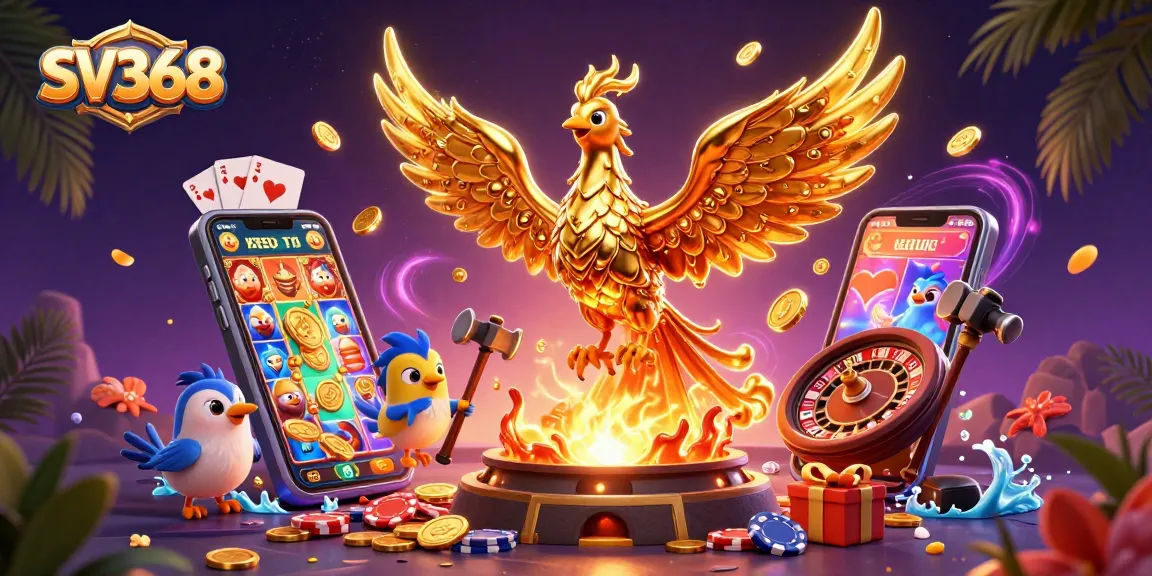 Win big at SV368 with a dynamic scene of a golden phoenix and exciting gaming elements.