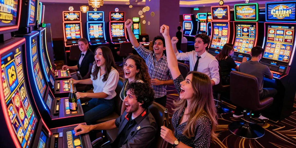 Friends celebrating a big slot jackpot win on a vibrant casino floor, showcasing excitement and fun.