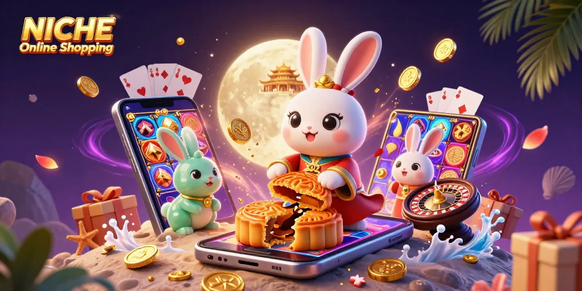 Play immersive games at NICHE Online Shopping with stunning slots, poker, and a dynamic moon rabbit scene.