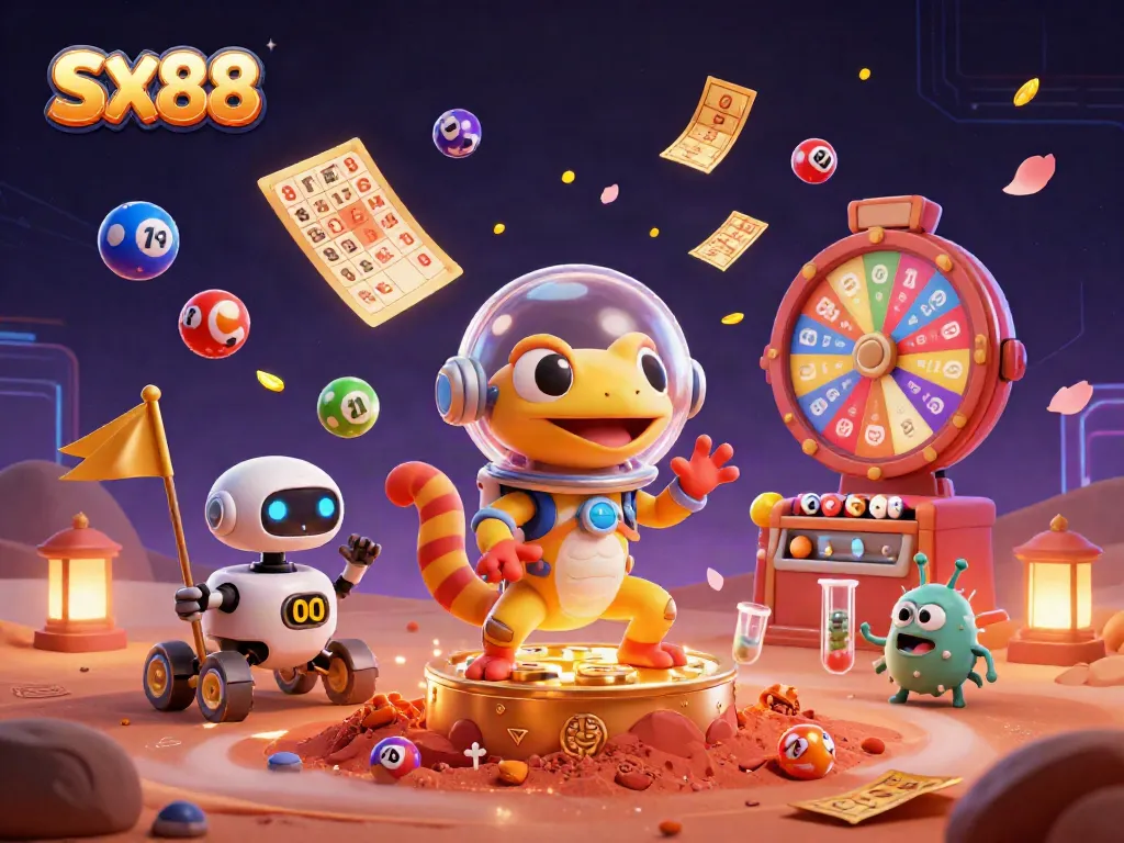 SX88 Martian gecko finds a hidden casino with vibrant lottery balls and gaming elements.