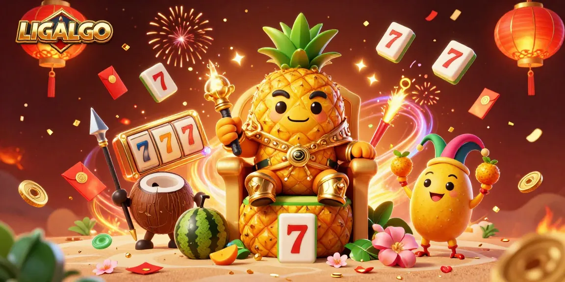 LIGALGO showcases an enchanting 3D casino scene with a pineapple king, vibrant game elements, and festive decor.