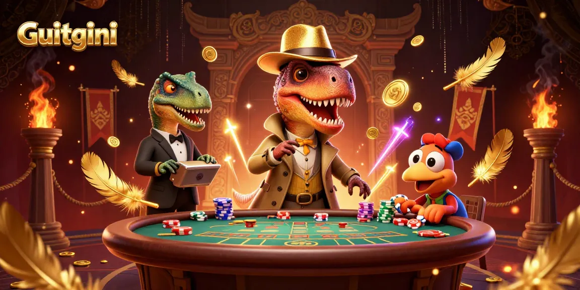 Guitgini showcases a velociraptor card counter at a blackjack table in a dynamic casino illustration.