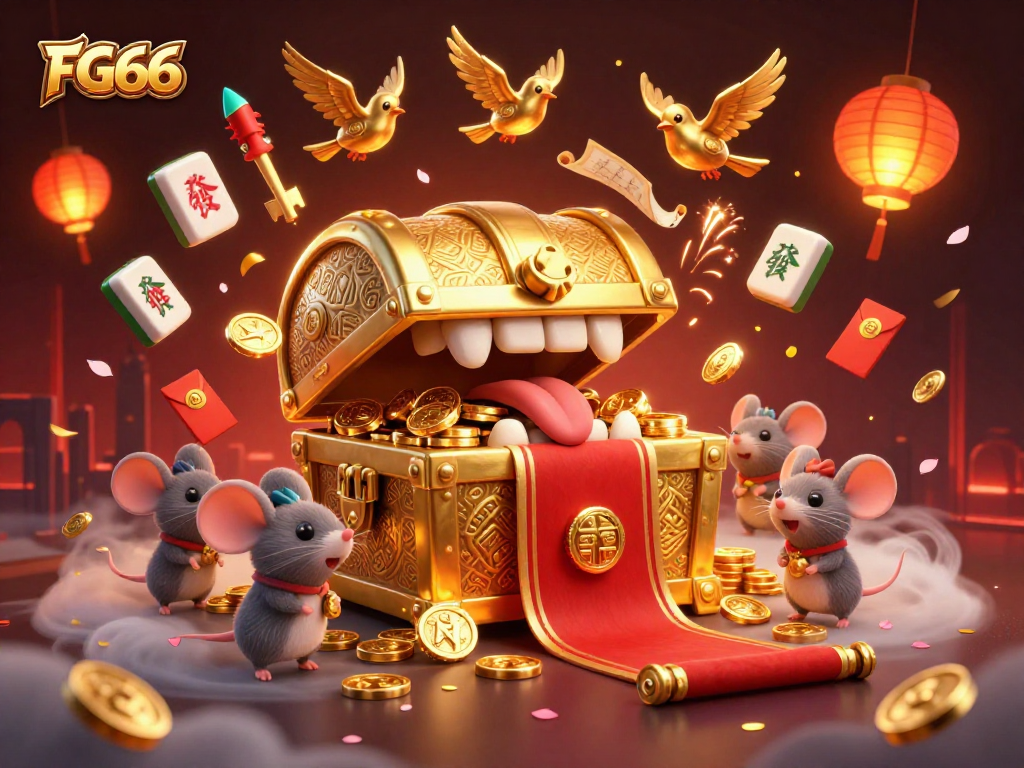 FG66 captures adventurer mice near a gold treasure chest, embodying exciting gambling thrills.
