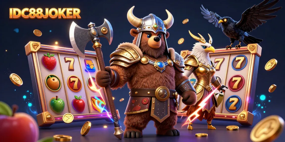 Engage with IDC88JOKER’s electrifying slots scene featuring a berserker bear and Valkyrie eagle amidst winning symbols.