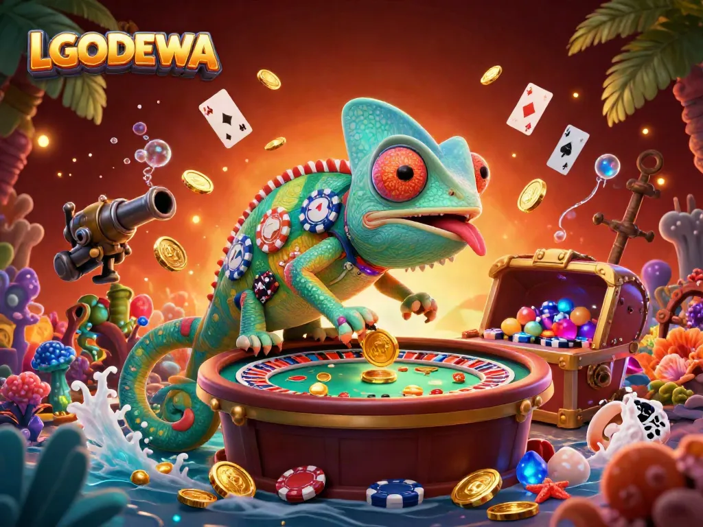 Experience excitement at LGODEWA with candy-colored chameleon and lively casino elements.