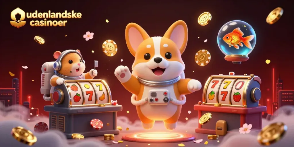Engaging scene showcasing udenlandske casinoer with animated characters in a vibrant casino atmosphere.