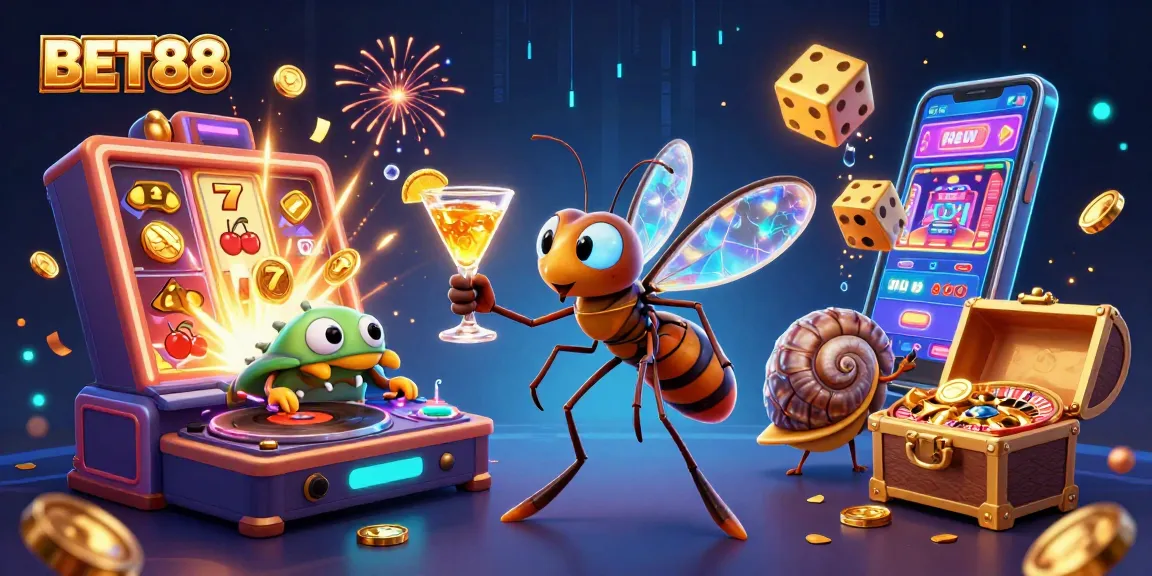 Engage with BET88's vibrant casino experience featuring a playful mosquito mascot and dynamic elements.