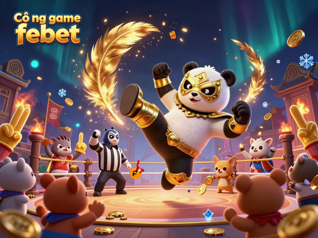Cổng game febet features an exciting panda wrestler and chihuahua referee in a vibrant casino scene.