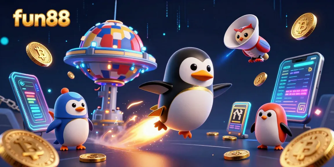 Experience fun88 with thrilling online casino action featuring a golden penguin and crypto elements.
