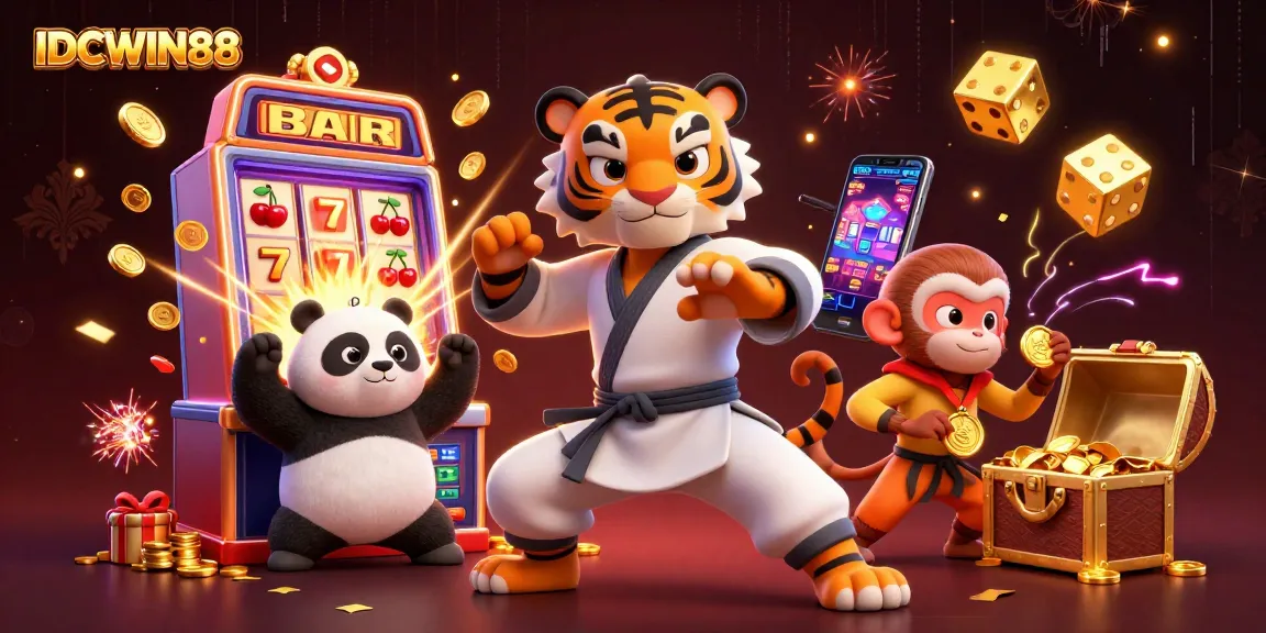 Experience the excitement of IDCWIN88 with dynamic characters and vibrant slot machine action.