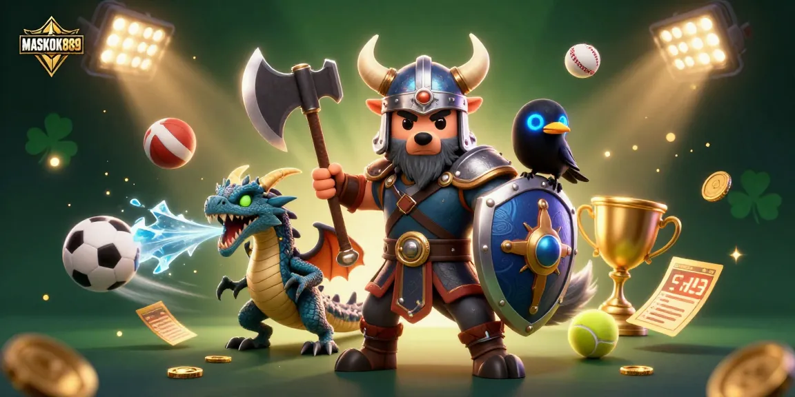 Experience exciting games at MASKOKI889 with a dynamic scene featuring sports elements and vibrant characters.