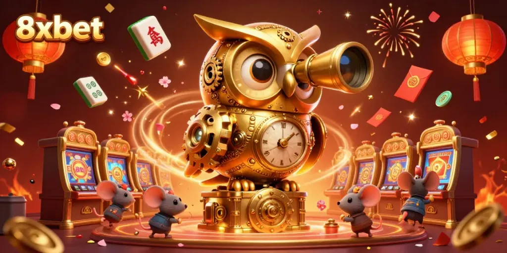 Engage with 8xbet's captivating gaming scene filled with a golden clockwork owl and festive elements.
