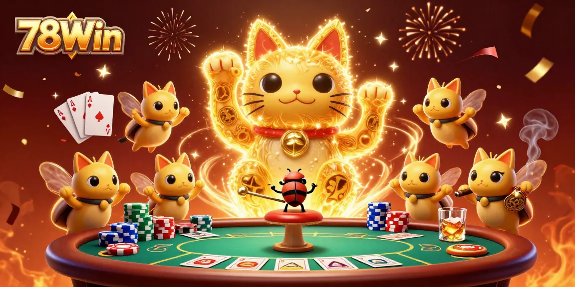 Experience the thrill of 78Win with this vibrant casino scene featuring a giant lucky cat.