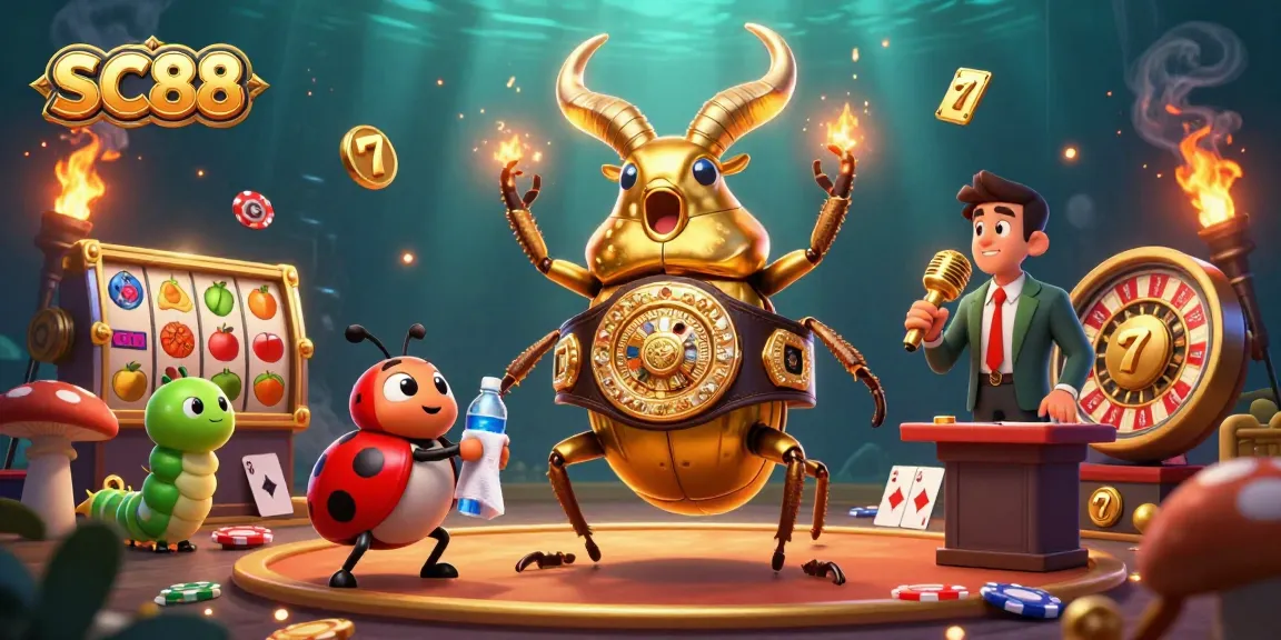 Engage in thrilling gameplay at SC88 with exciting slot reels, a giant beetle champion, and dynamic casino elements.