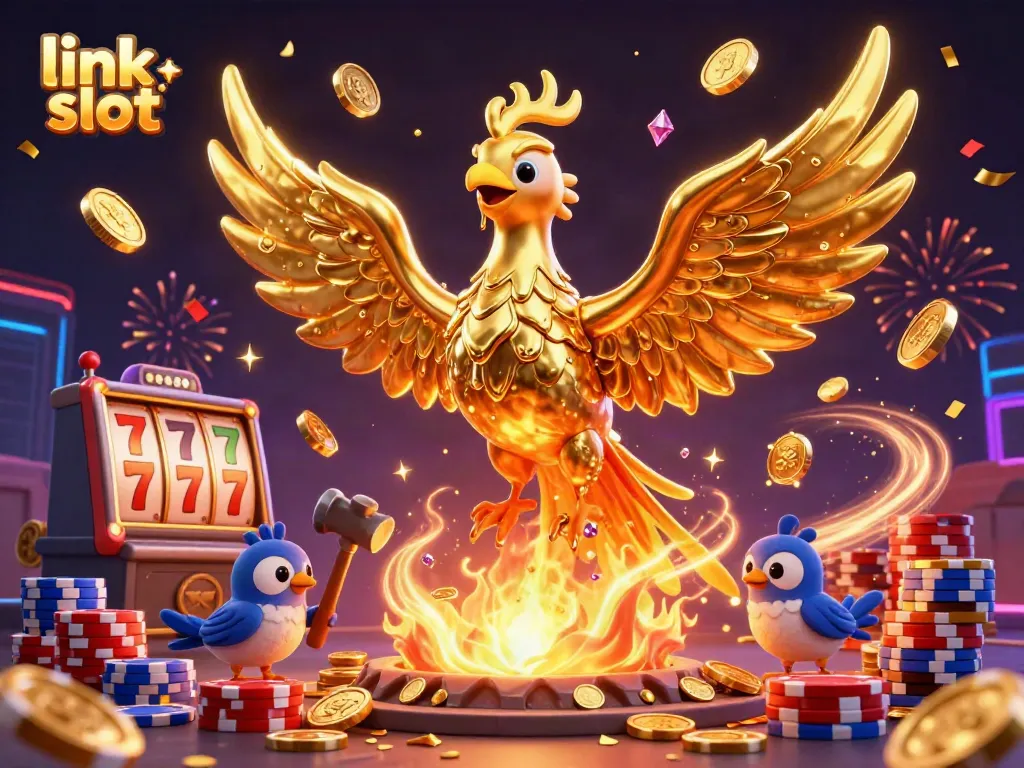 Experience the thrill of link slot with a golden phoenix among coins and slot machines.