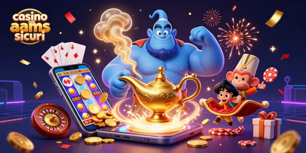 Giocando su casino non AAMS sicuri con un genio blu, moneta d'oro che esplode, e un tappeto magico volando.