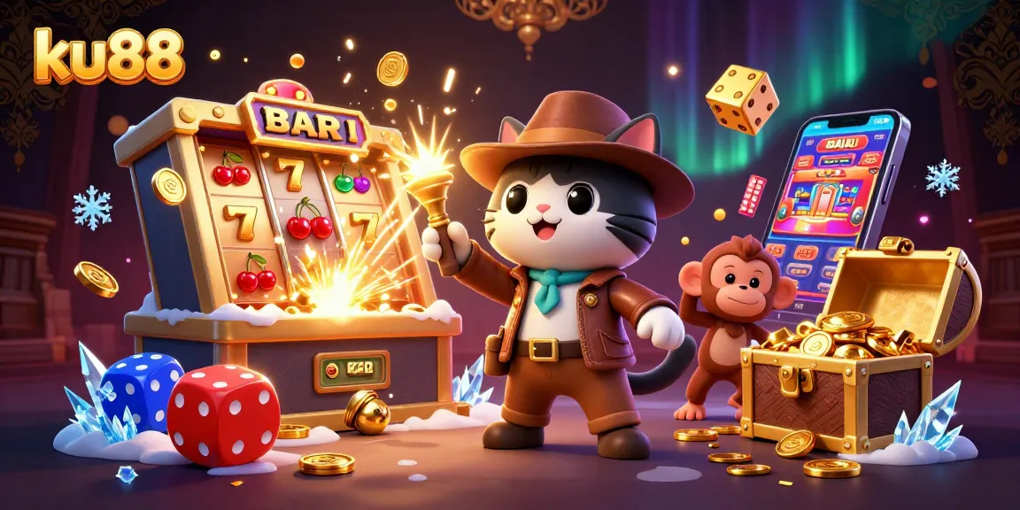 Experience thrilling casino moments with ku88's dynamic gaming scene featuring lucky symbols and treasures.