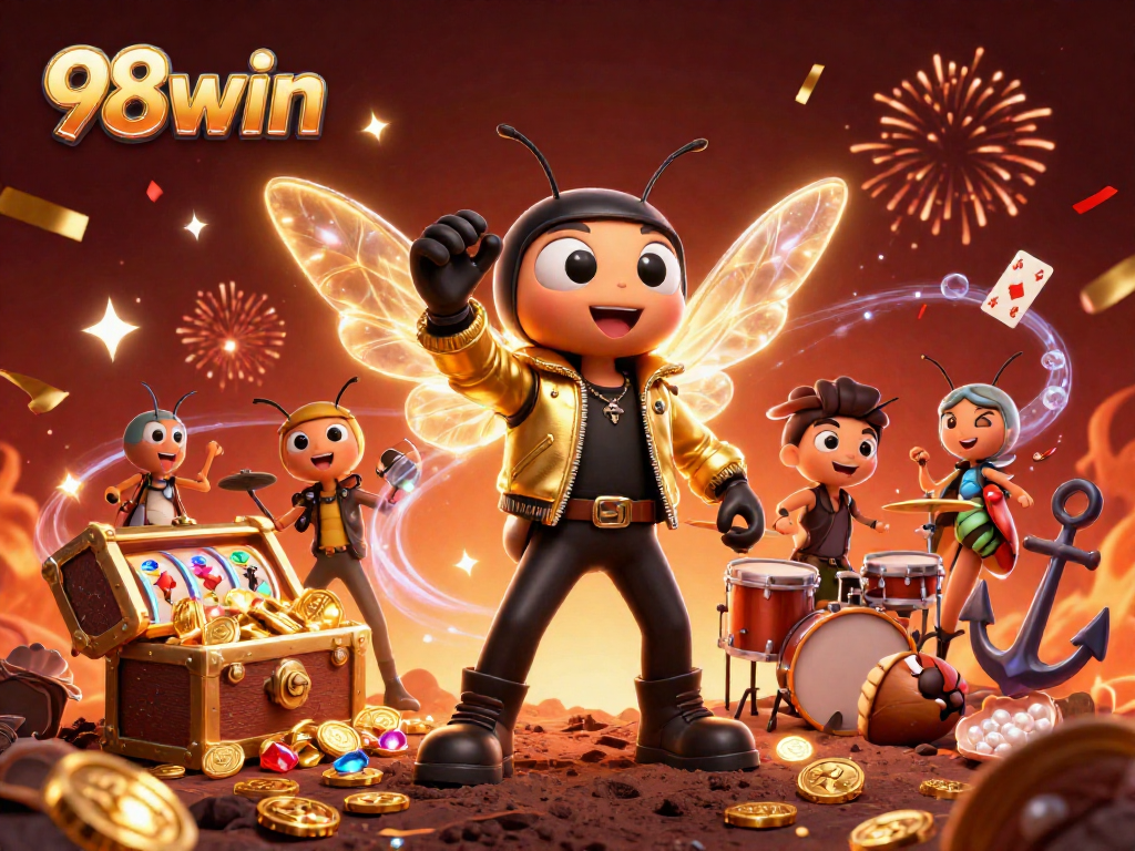 Experience the thrill of 98win with vibrant casino elements and characters in a dynamic 3D illustration.