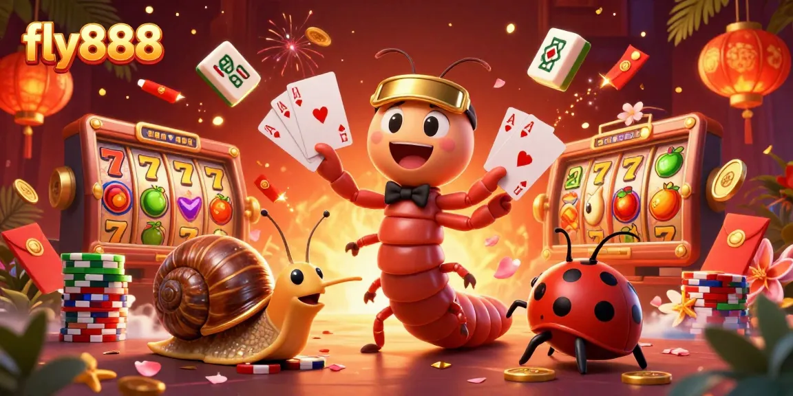 Experience thrilling gameplay at fly888 with a vibrant casino scene filled with fun characters and lively slot reels.