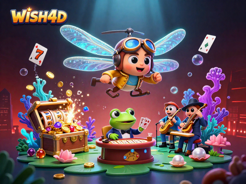 WISH4D showcases vibrant casino fun with a dragonfly pilot, frog croupier, and underwater treasures.