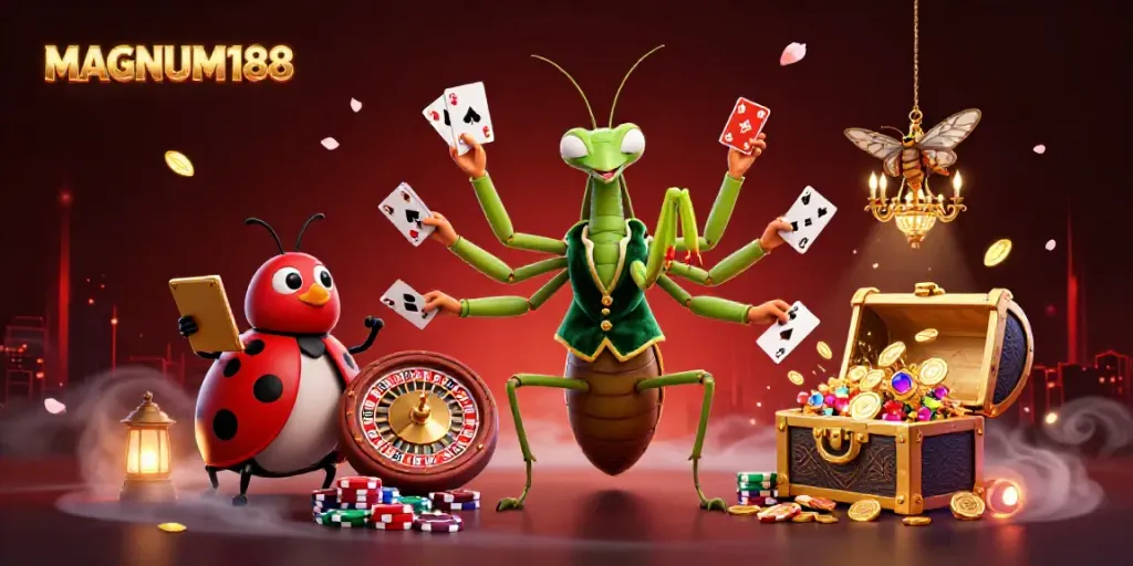 Experience the excitement of MAGNUM188 with a vibrant gaming scene featuring a praying mantis dealing cards.