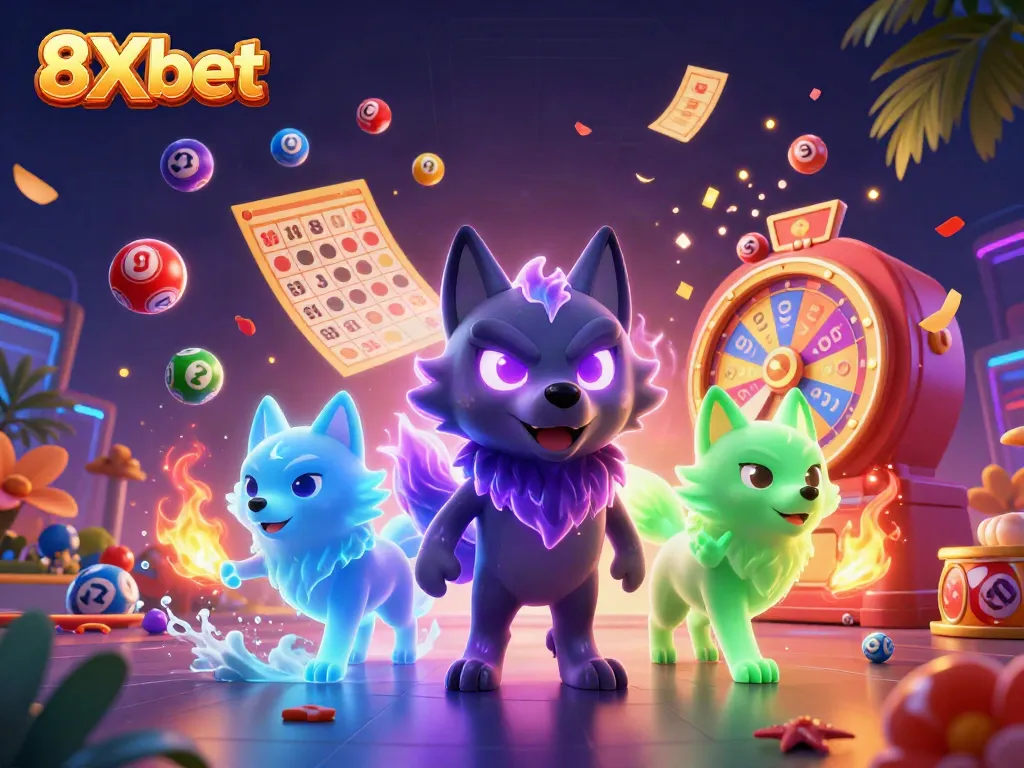Experience the vibrant world of 8Xbet with a dynamic 3D illustration showcasing gaming excitement.