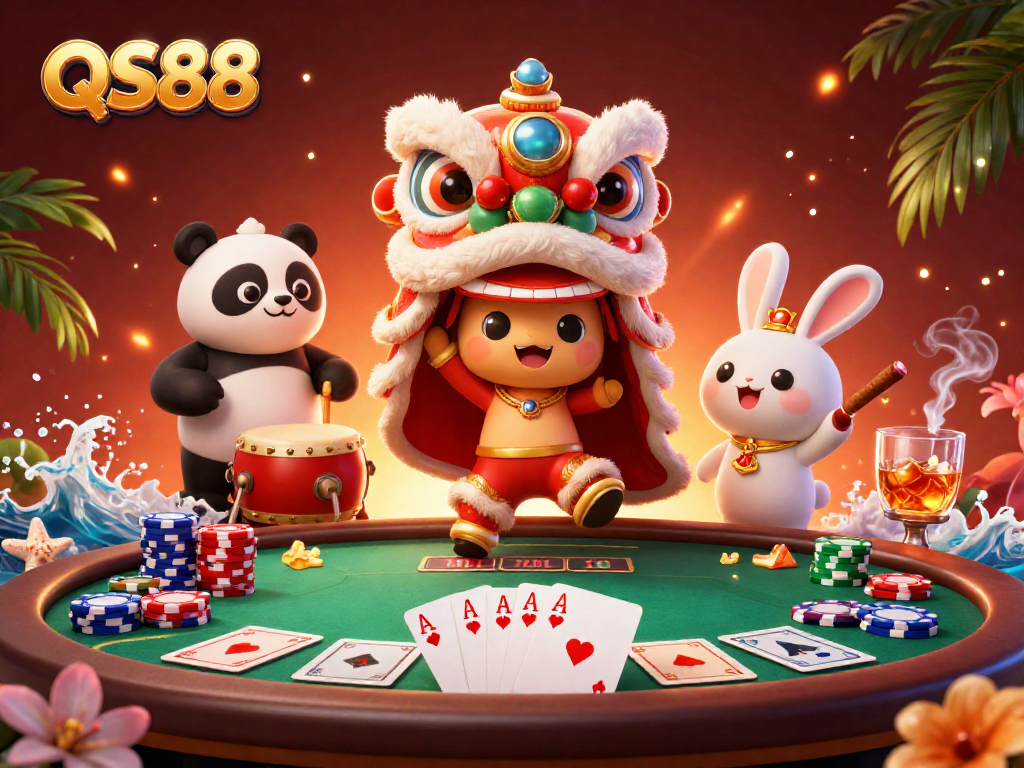 Engage with the vibrant QS88 casino experience featuring a lively lion dance and poker elements.