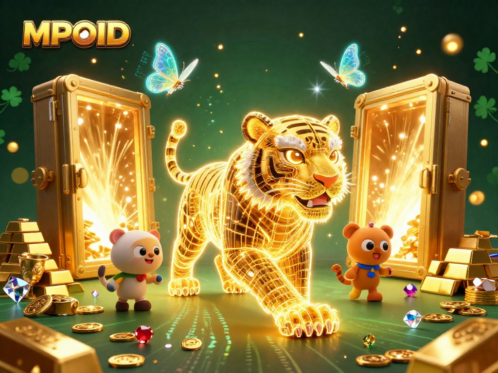 Engage in surreal gaming with MPOID's vibrant digital casino featuring a neon tiger and treasure.