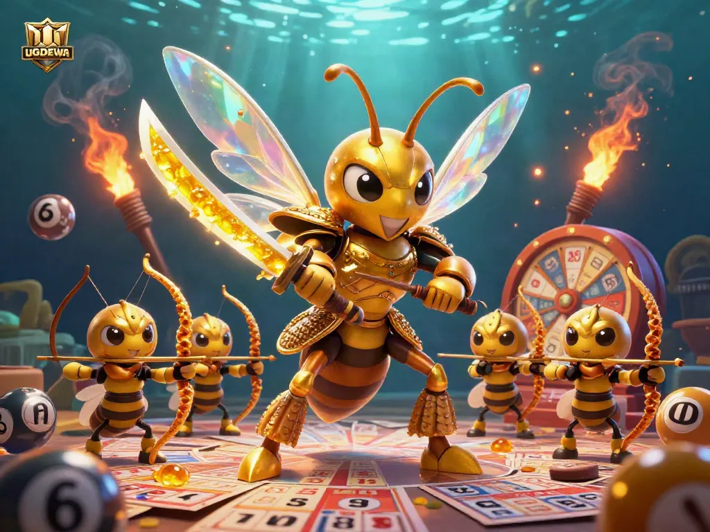 Engage with UGDEWA in this dynamic 3D illustration featuring a golden hornet samurai and lottery elements.