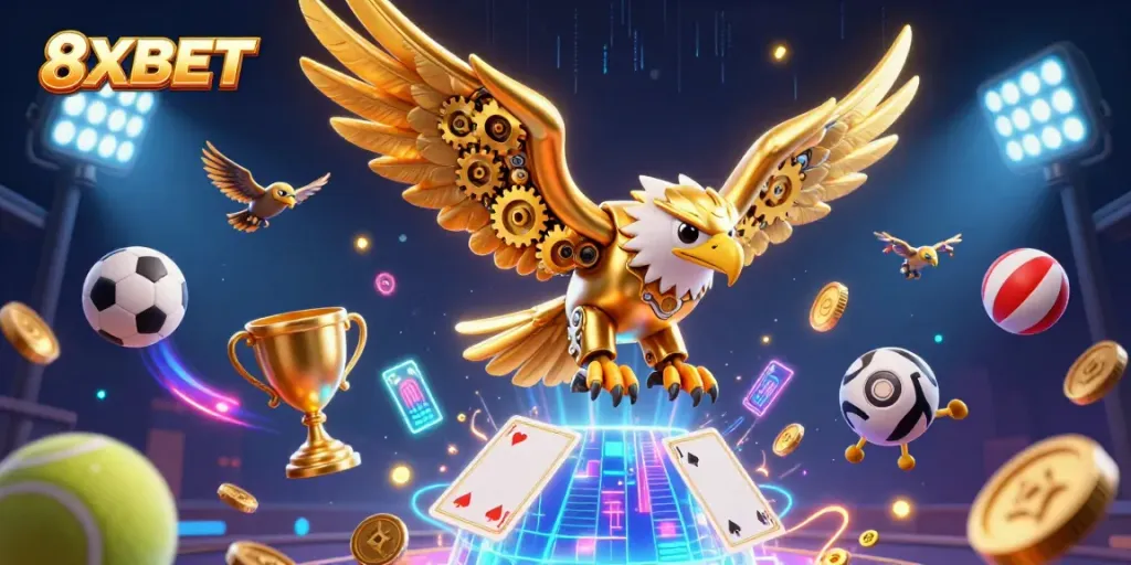 Experience thrilling gameplay with 8XBET's vibrant digital casino featuring a cybernetic eagle.
