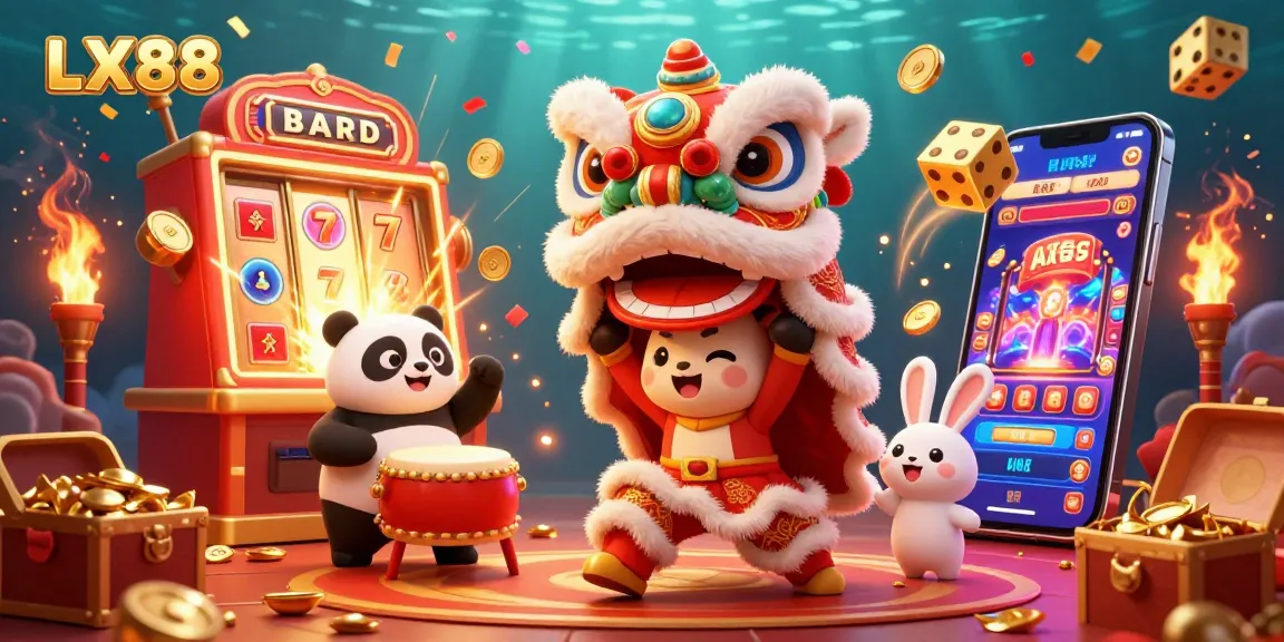 Spin the reels and win big with LX88's immersive gaming experience in a lively, festive scene.
