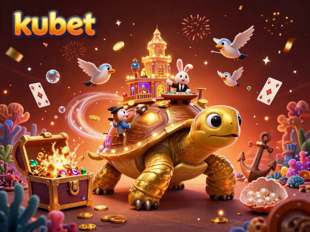 Experience thrilling gameplay at kubet with an exciting illustration of golden tortoise casino, vibrant colors, and energetic characters!